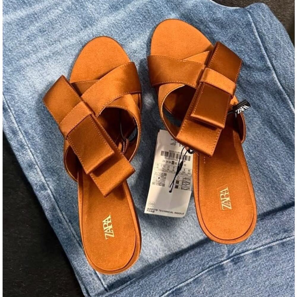 ZARA Brown Satin Bow Heels NWT Statement Strappy Sandals Size 7.5 8 - Picture 13 of 16